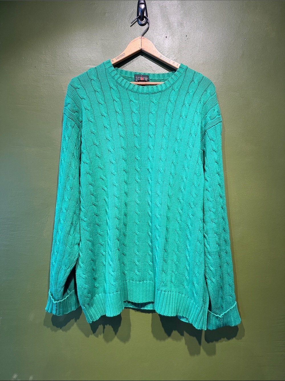 Vintage 90’s J. Crew Green Cable Knit Crewneck Fisherman Sweater